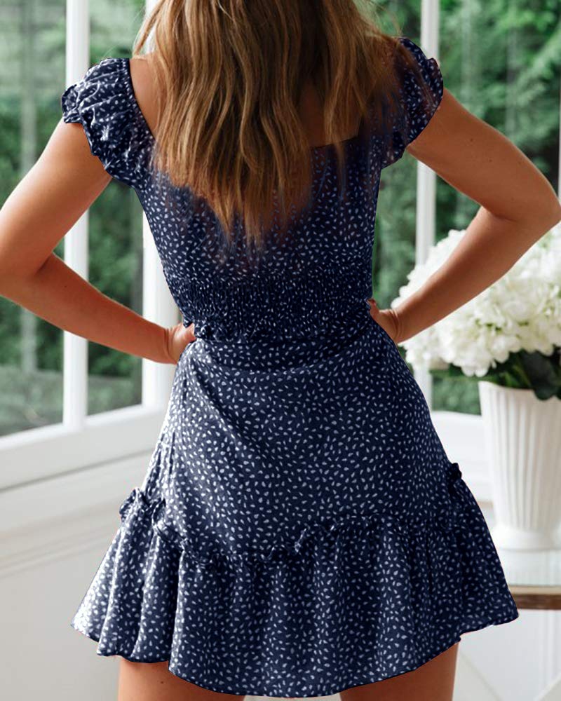 YOBECHO Womens Summer Ruffle Sleeve Sweetheart Neckline Printing Dress Mini Dresses Navy Blue - Image 3